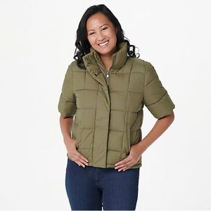 Centigrade Quilted Elbow-Sleeve Puffer Jacket, Olive Green, size S